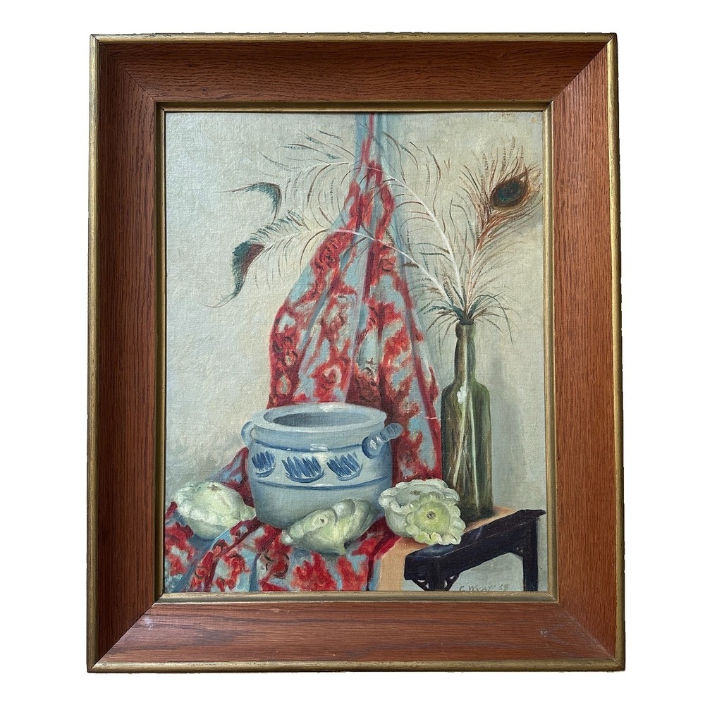 VTG C. Wyatt 1958 Signed Original Oil Painting 21" x 24" Pottery Western Framed
